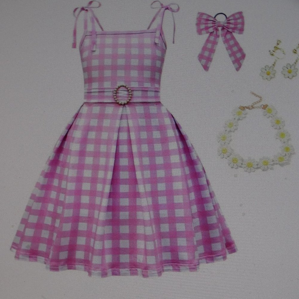 Yanzanbaby Girls Barbie The Movie Pink Gingham ,Dress Earrings,Necklace,Size 6-7